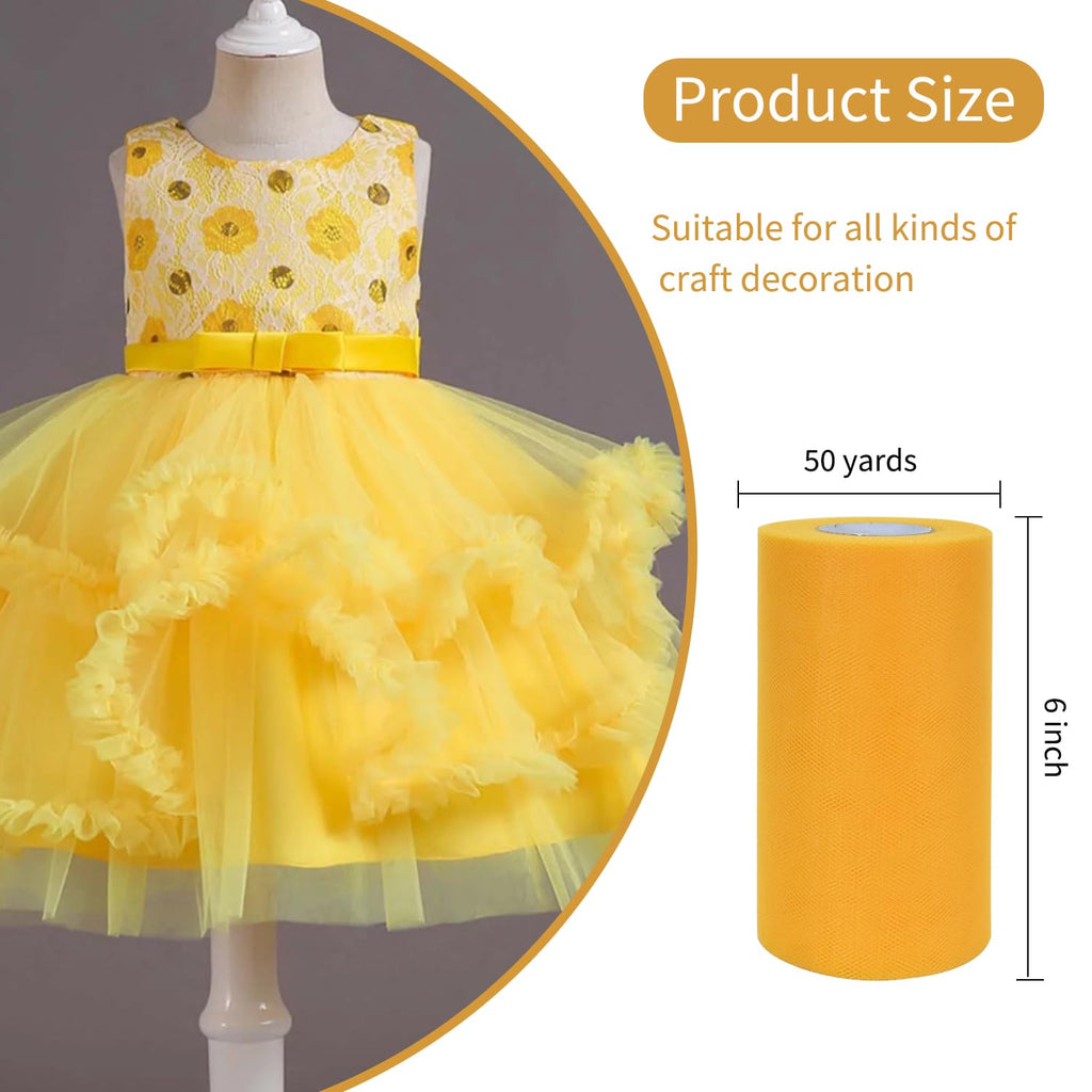 Gold Tulle Fabric Rolls 6 Inch by 50 Yards (150 feet) Fabric Spool Tulle Ribbon for DIY Tutu Bow Baby Shower Birthday