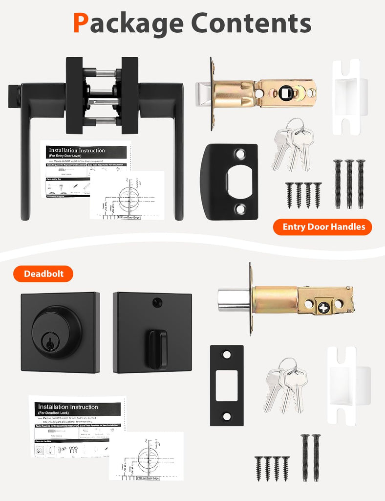 Square Keyed Alike Front/Exterior Door Levers with Single Cylinder Deadbolt, Flat Black Entry Door Knob Lock Sets