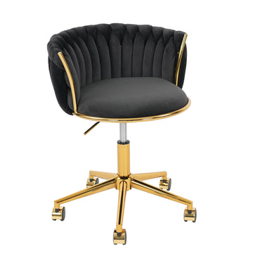 Velvet Woven Home Swivel Vanity Desk Chair with Gold Base, Black