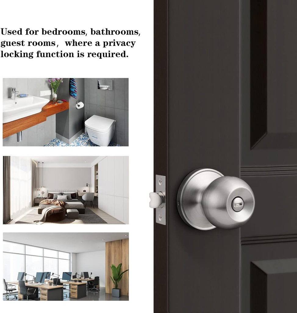 Privacy Interior Door Knobs Stainless Steel, Keyless Door Locks Bathroom, Brushed Nickel, 6 Pack