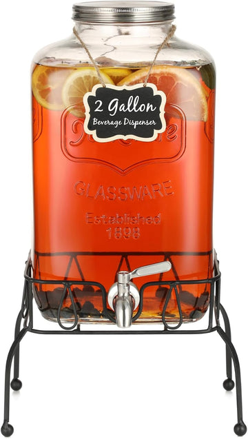 2 Gallon Glass Drink Dispenser with Stand, Stainless Steel Leakproof Spigot and Lid, for Parties, Water Beverage