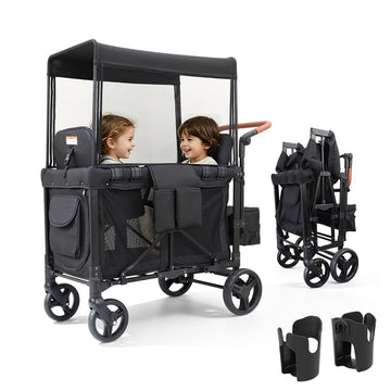 Wagon Stroller for 2 Kids, in-1 Double Toddler Stroller with Canopy & Removable Seats, Push Utility Cart