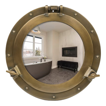 20 Inch Large Porthole Mirror - Nautical Wall Art, Round Antique Brass Aluminum Frame with Mirror Glass for Coastal