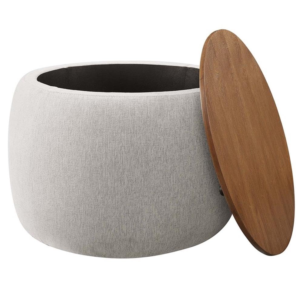 Perla 26 Inch Round Storage Ottoman with Tray Lid in Ivory Fabric -Heathered Fabric Ottoman - Versatile Footrest