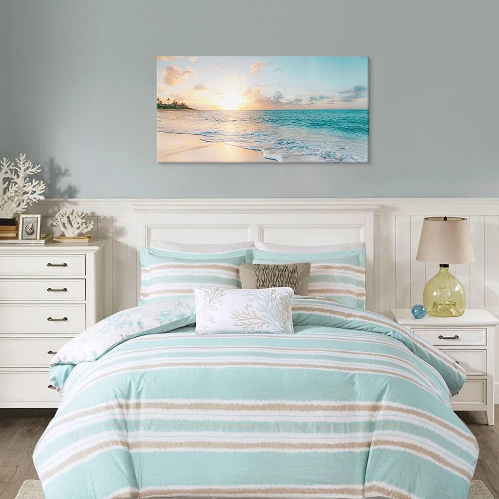 Ocean Beach Sunset Canvas Wall Art Seascape Paintings Coastal Picture Framed Artwork Living Room Office Wall Decor