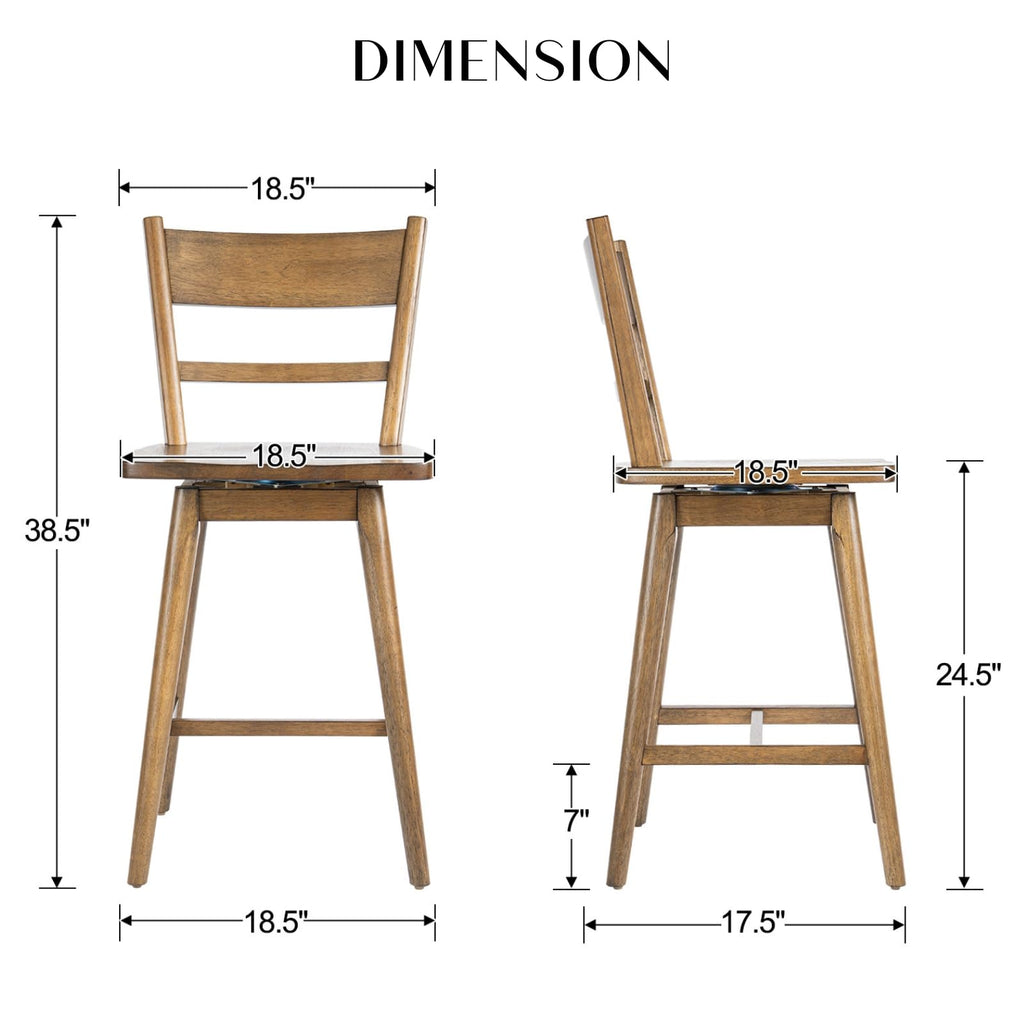 Swivel Counter Stools Set of 6, 24.5" Counter Height Solid Wood Bar Stools with Back & Wood Seat, Walnut Finish, Mid