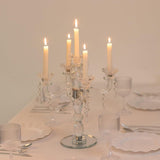 Crystal 5-Arm Candelabra Taper Candle Holder with Hanging Prisms & Round Mirror Base - Faceted Cut Glass Design - 14"