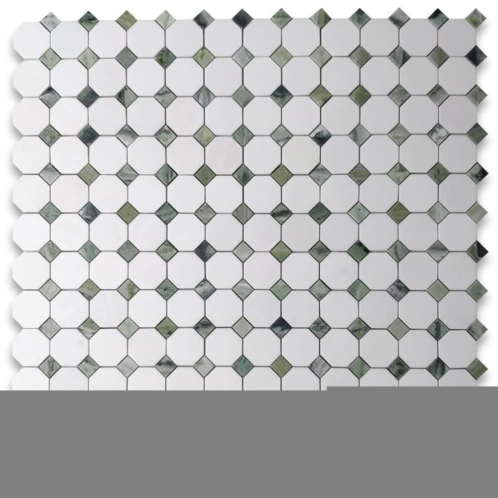 Thassos White Marble 3 inch Octagon Mosaic Tile w/Sagano Green Dots Honed Kitchen Bath Wall Floor Backsplash Shower
