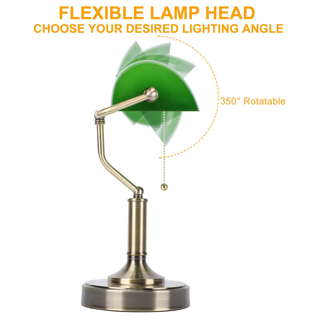 Bankers Lamp, Green Desk Lamp with Pull Chain Switch, Retro Lamp with USB and Type C Charging Ports, Vintage Lamp