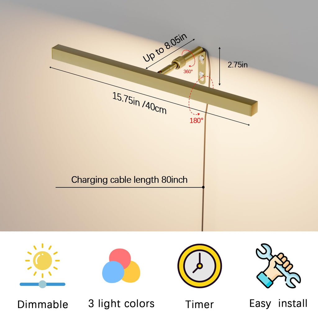 16" LED Picture Light Plug in, 5W Gold Art Light