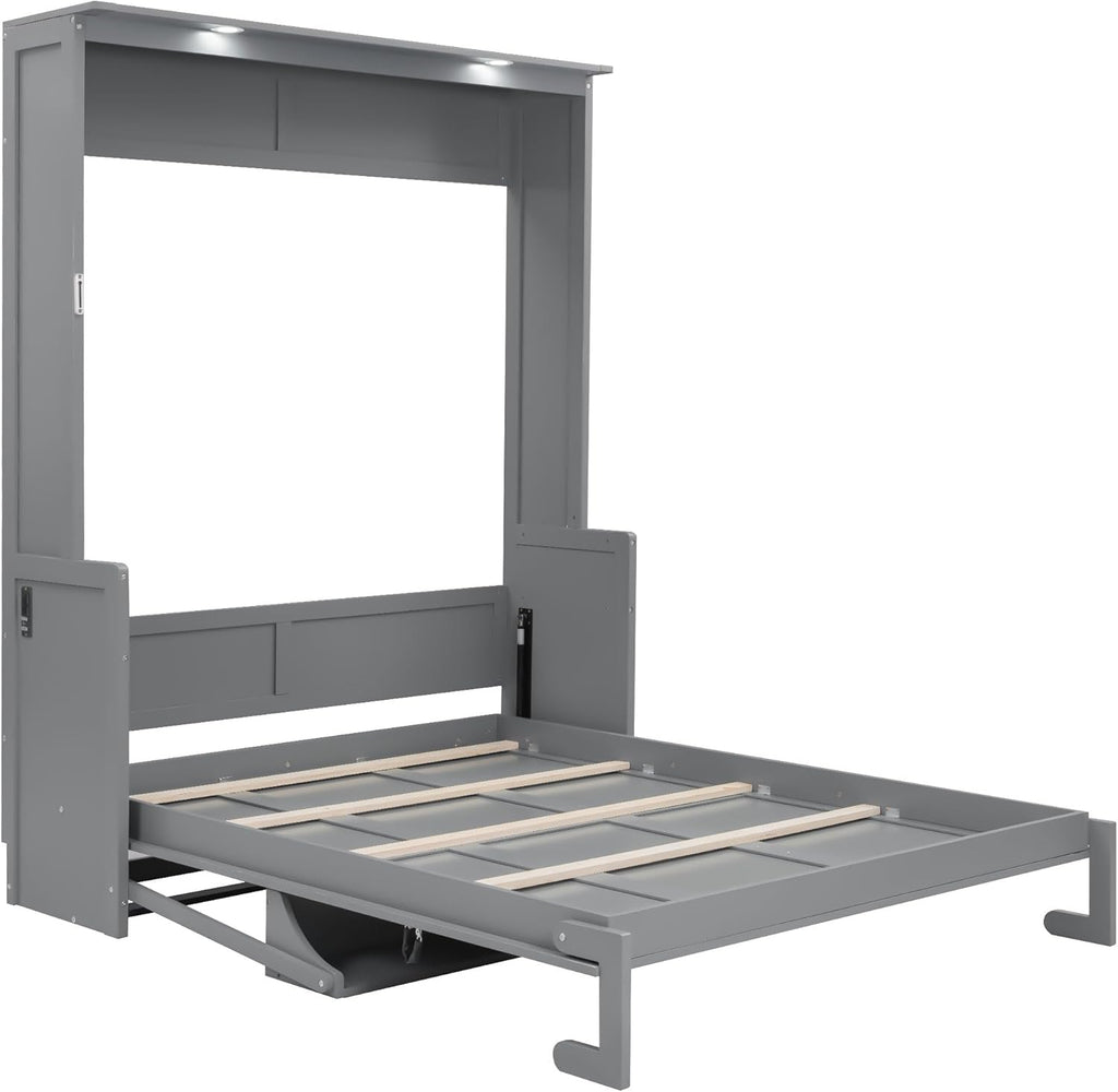 Queen Murphy Bed with Desk, Hideaway Wall Bed Frame with LED Lights and USB Ports, Folding Murphy Cabinet Bed for