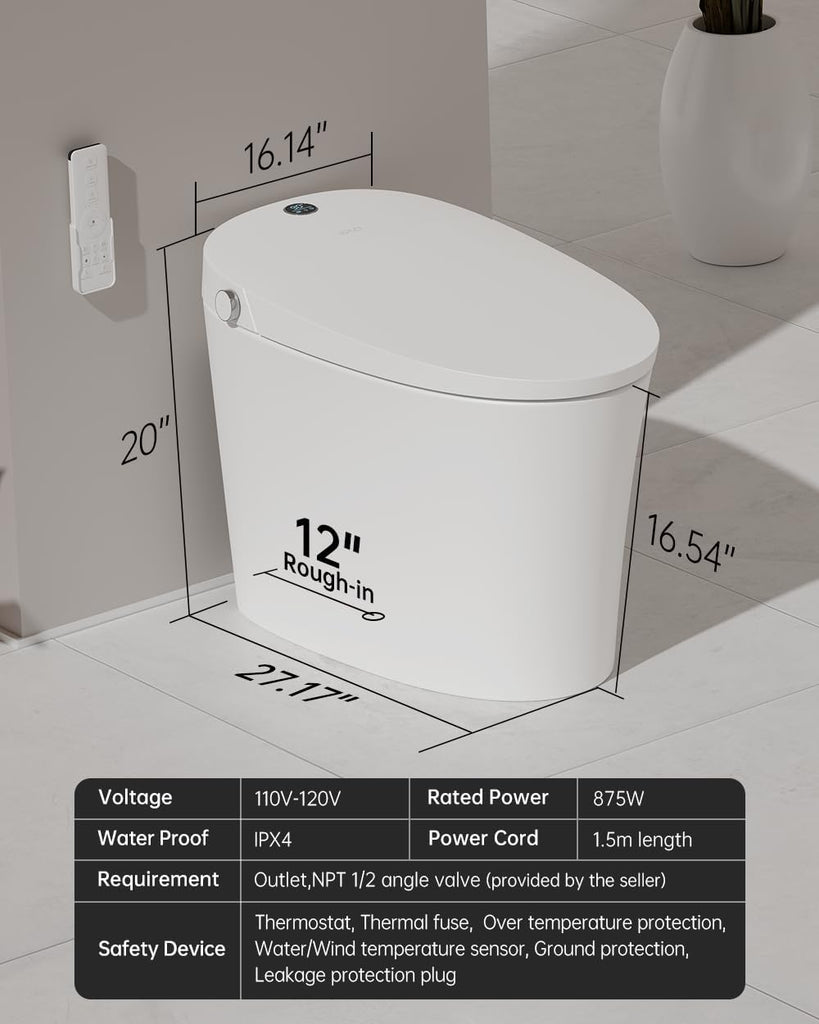 Smart Toilet Bidet with Auto Open Close,Foam Shield,1000G MaP Flush Score,ADA Comfort Chair Height,Blackout