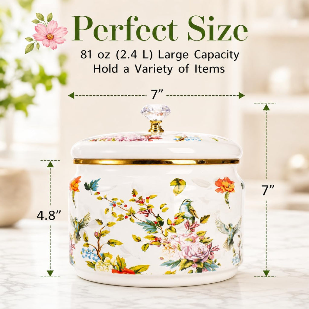 81 oz (2.4 L) Vintage Enamel Canister with Lid, Large Floral Storage Container Kitchen Cookie Jar for Sugar, Tea