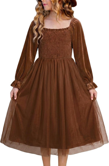 Girls Fall Velvet Long Sleeve Tulle Dresses