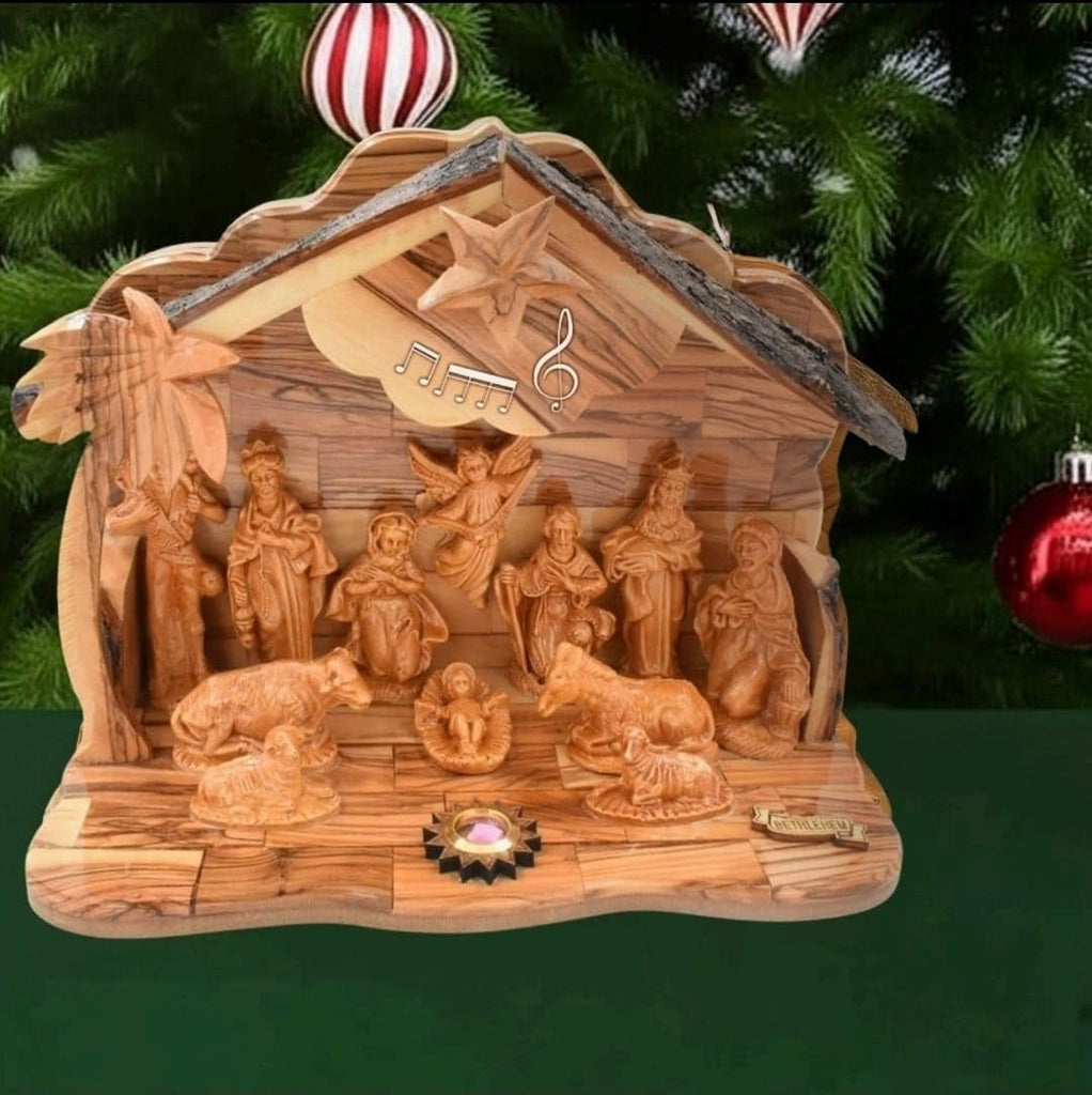 Olive Wood Nativity Set with Music Box - Hand Carved in Bethlehem | Holy Land Christmas Manger Scene | Religious Gift