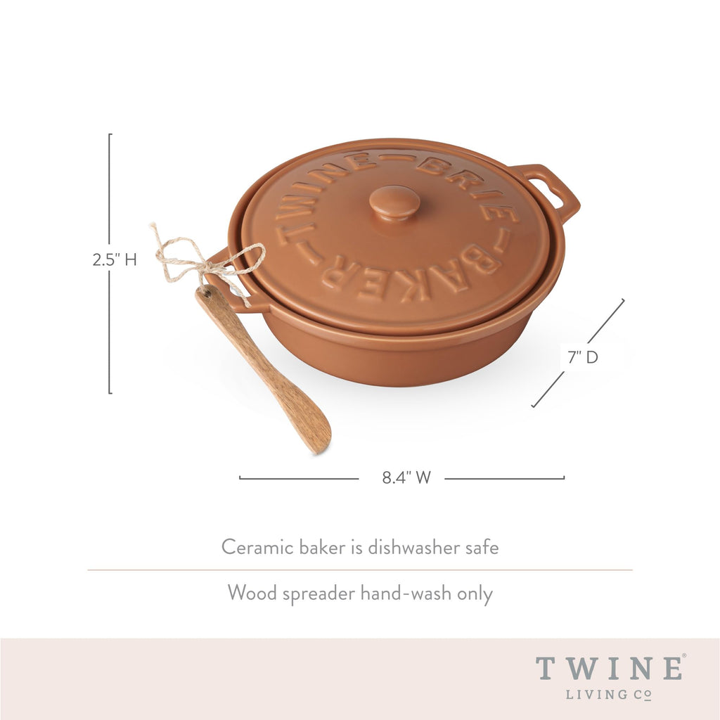 Ceramic Brie Baker with Wood Spreader, Brie Baking Tools with Lid Bakeware Sets, Terra Cotta Ceramic, Kitchen Set of 1