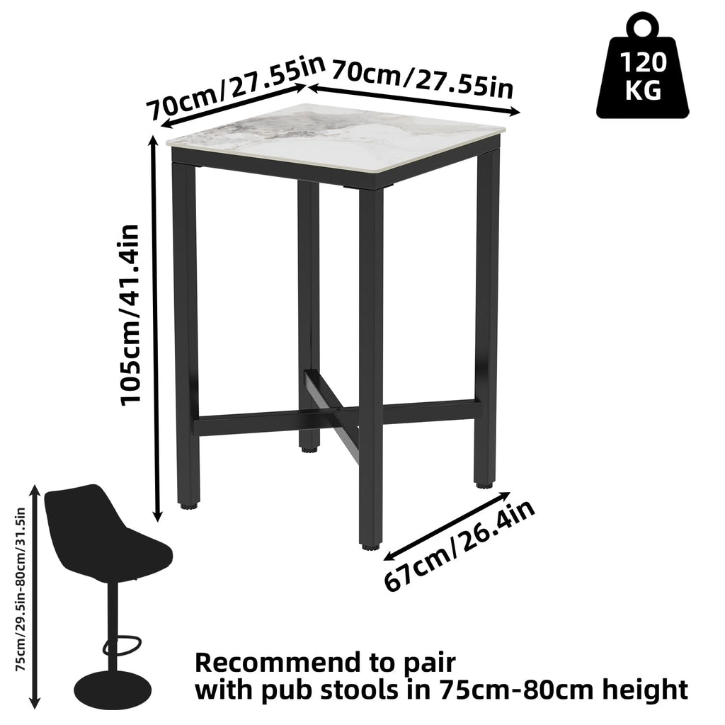 Sintered Stone Bar Table: White Counter Height Dining Table with Black Metal Frame - High Top Pub Tables for Narrow