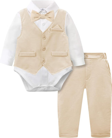 4Pcs Baby Boy Suits Dress Outfit Shirt Pants Bowtie Vest Set