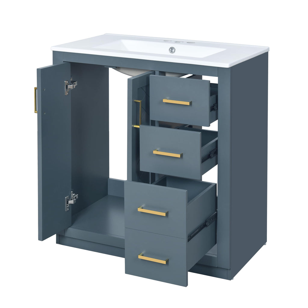 30 Inch Blue-Grey Bathroom Vanity with Sink & Gold Handles, Light Luxury