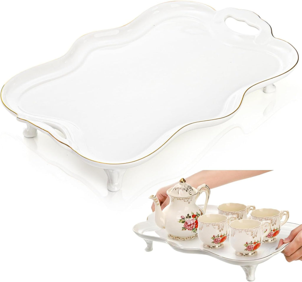 16" Large Ceramic Serving Tray with Handles, Footed Rectangular Coffee Table Tray with Gold Rim, Vintage Decorative