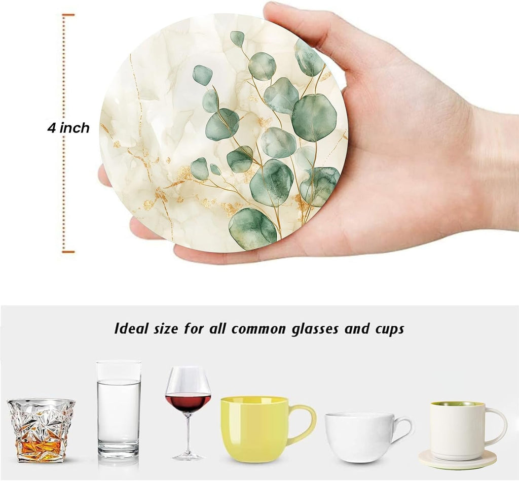 Eucalyptus Green Leaves Beige Marble Coasters for Drinks,Round Absorbent Ceramic Stone Coaster with Metal - Set of 6