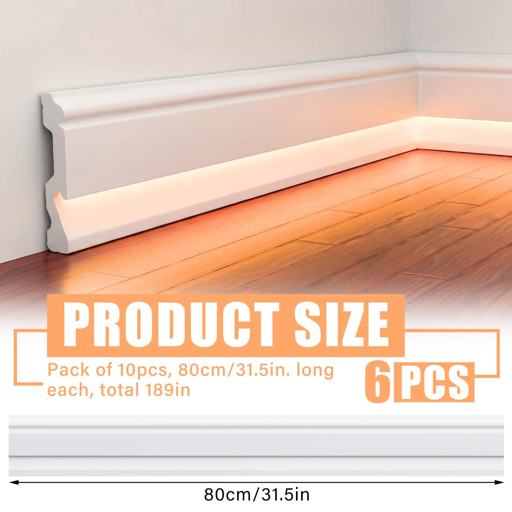 Baseboard Molding with LED Duct, 2.6FT White,6 Pcs,Stylish