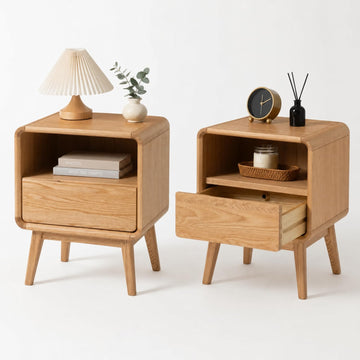 Solid Wood Nightstand Set of 2, Oak Nightstands with Drawer & Shelf