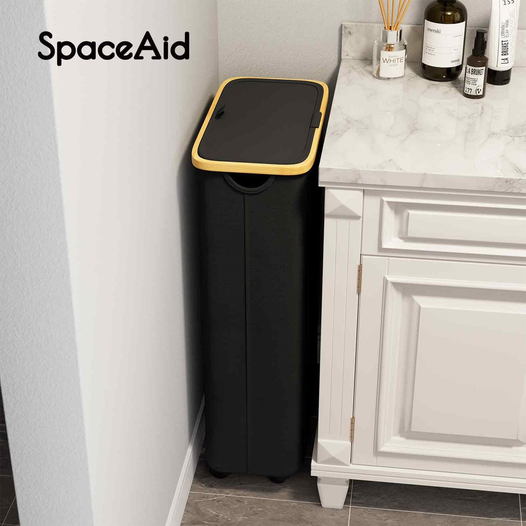 Slim Laundry Hamper with Wheels and Lid,62L Rolling Narrow Clothes Basket with Bamboo Handle, Large Laundry Hamper