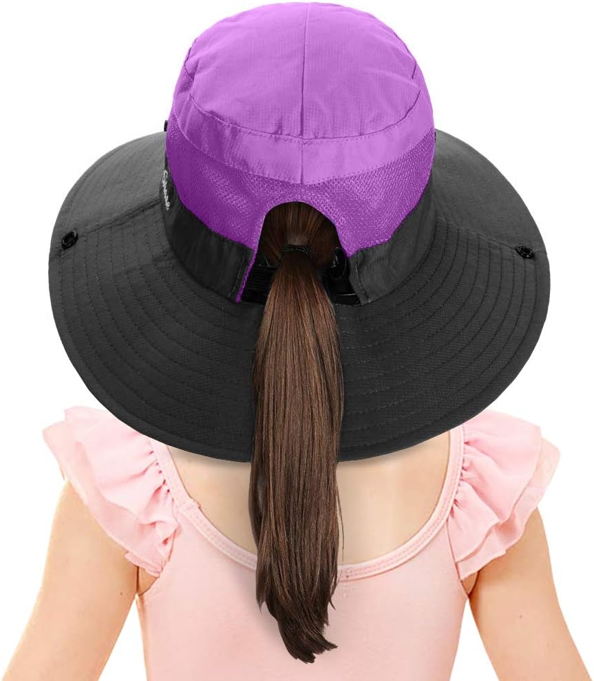 Kids Ponytail Sun Hat Wide Brim UV Protection for Girls Beach Bucket Cap