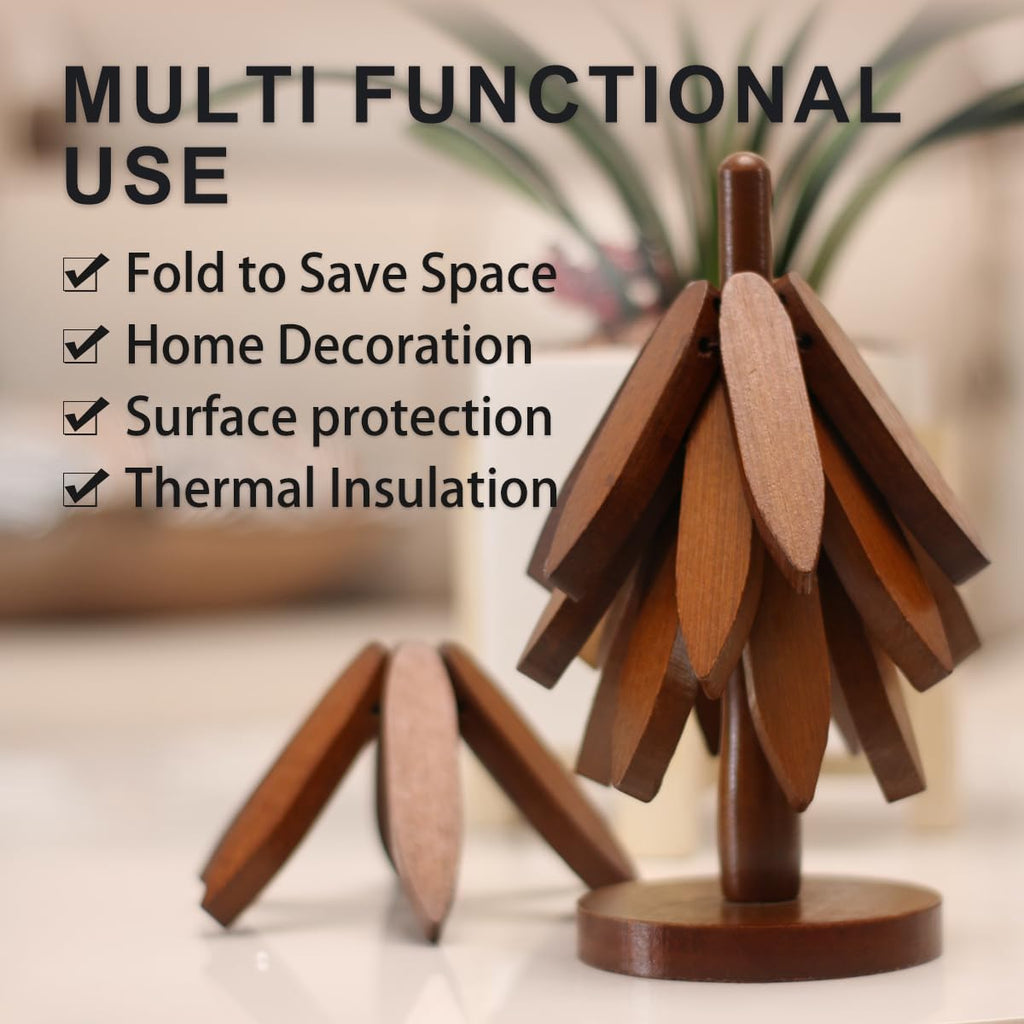 Wooden Trivet Tree Set for Hot Dishes, 100% Natural Wood, Expandable Design Coaster, Foldable Tree-Sharped Placemats - Set of 4