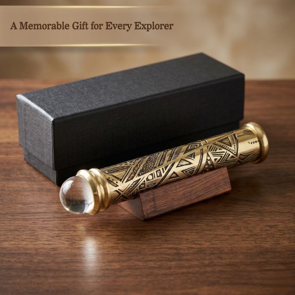 Brass Teleidoscope with Tribal Art Etched Barrel - Polished Lacquer-Coated, Front Surface Mirror, Crystal Ball Lens