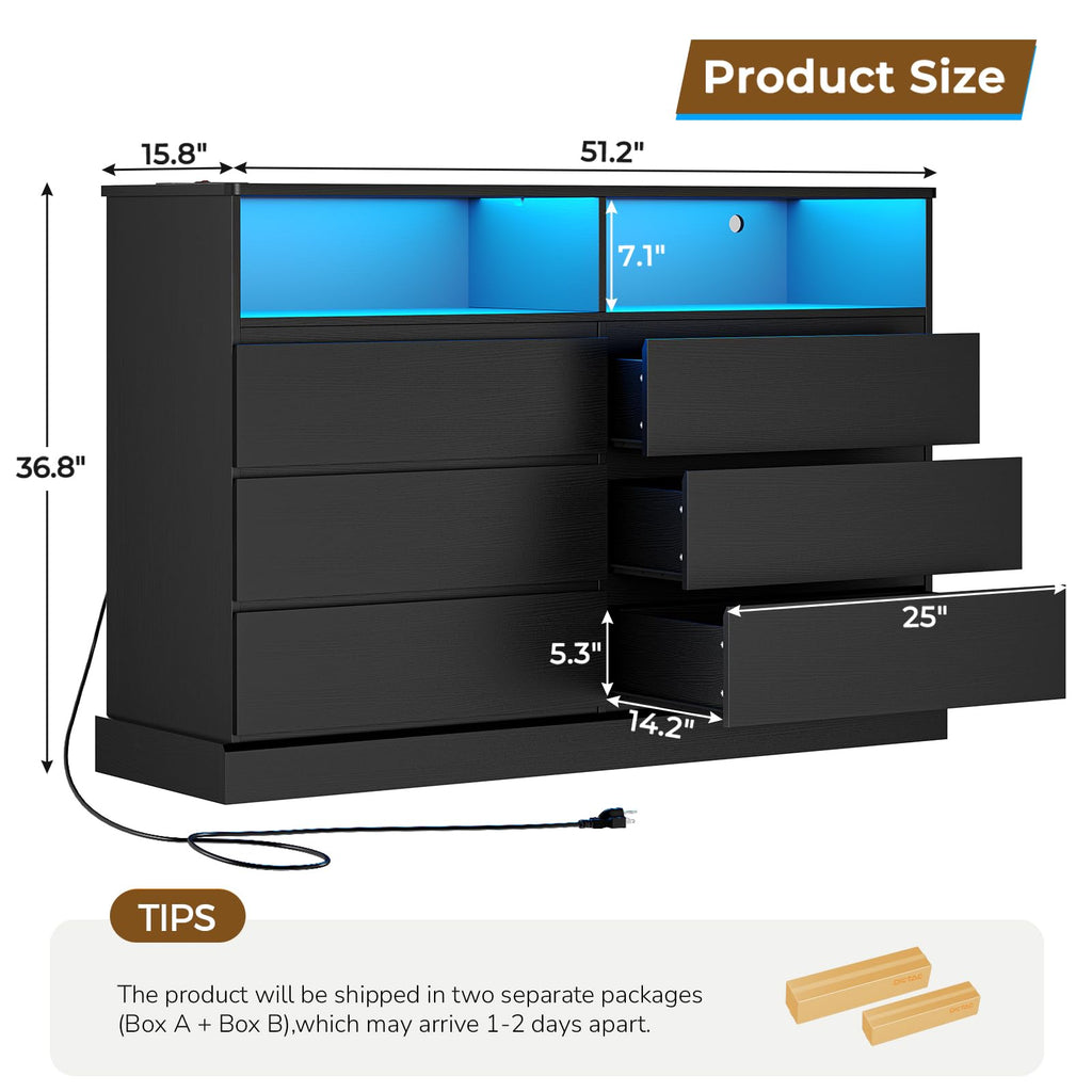 Black Dresser with LED Lights with Charging Station, 6 Drawer Double Dresser with No Handle Drawers, Modern Chest of