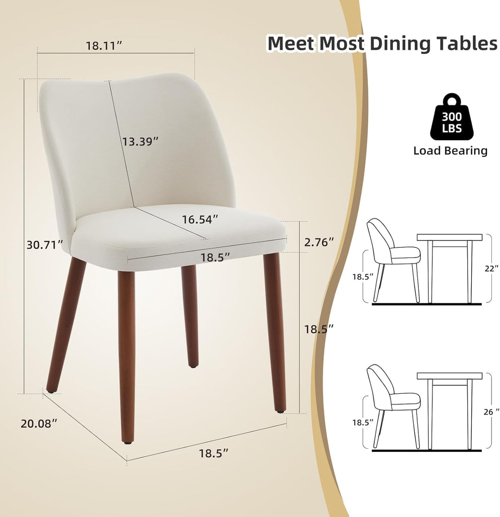Wooden Dining Chairs Set of 4, Farmhouse Kitchen Chairs with Curved Back, Modern Fabric Upholstered Chairs, Cream