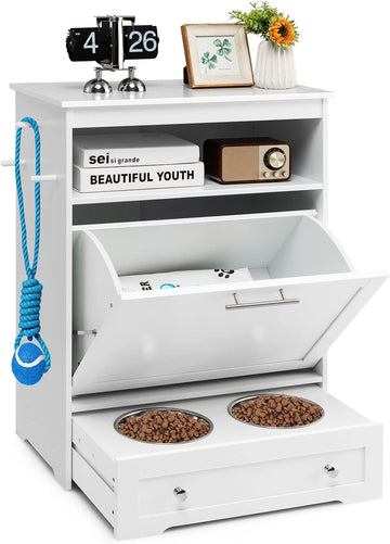 Pet Feeder Station, Dog Food Storage Container with Double Pull Out Dog Bowls, Pet Food Toy Organizer Cabinet, Pet