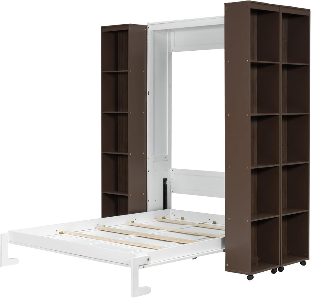 Folding Hidden Queen Murphy Bed Cabinet with Storage Bookcase Bookshelf, Wood Murphy Wall Bed with Storage Shelves