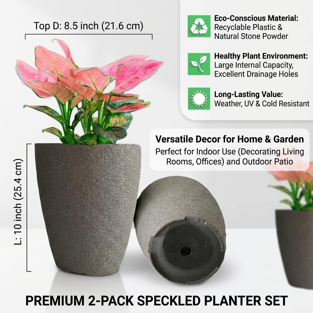 10 inch Garden Planter Lightweight Indoor Outdoor Pots with Drainage Hole for Potted Plants Flowers Greenery, Set of