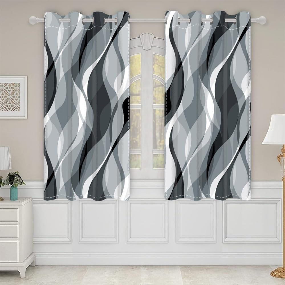 Blue Grey Wave Lines Window Curtains Abstract Art Aesthetic Gradient Blackout Curtains Geometric Thermal Insulated