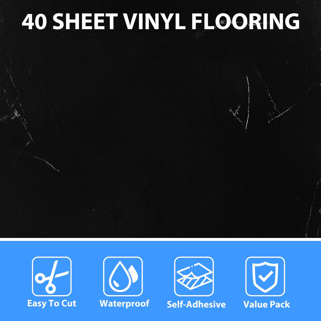 40 Sheet Vinyl Flooring 12 x 12 Inch Peel and Stick Floor Tile Waterproof Black Marble Vinyl Floor Tiles Clearance