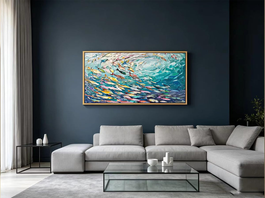Abstract Ocean Wall Art, Large Framed Textured Print Painting