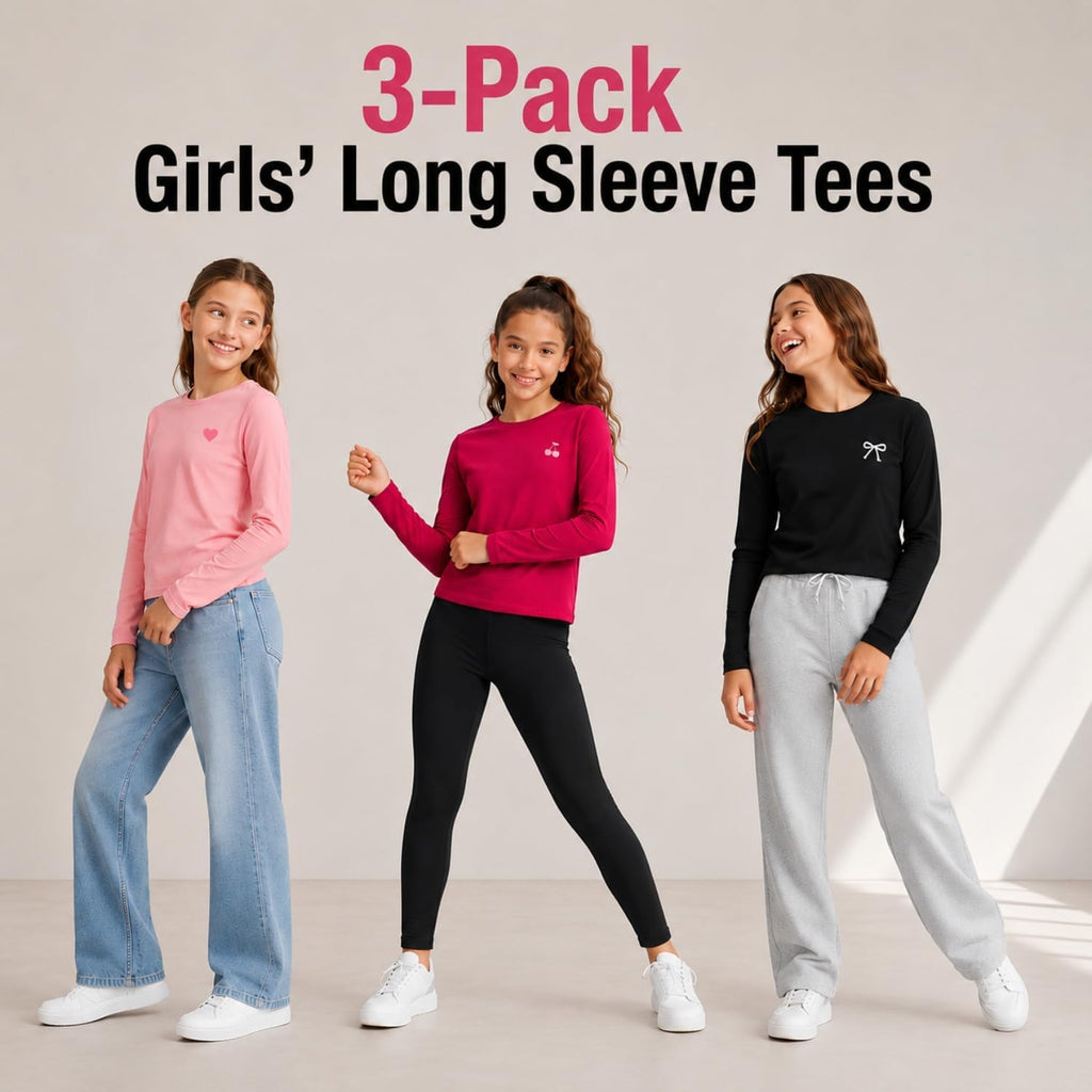 Girls Long Sleeve Shirts Pack, Soft Cotton Blend T Shirts