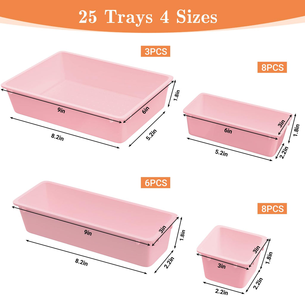 25 PCS Plastic Drawer Organizer, 4-Size Versatile Organizer Trays & storage Bins