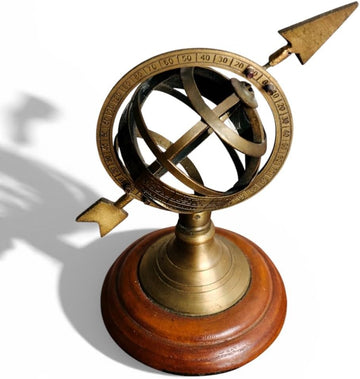 Vintage Brass Armillary Sphere Sundial Globe - Antique Nautical Desk Decor with Wooden Base, Astronomical Compass
