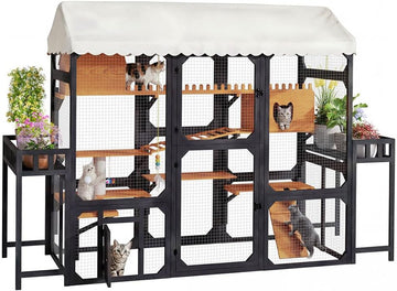 Large Outdoor Cat Enclosure Catio with Platforms & Bridges, 107" Wooden Cat House with Waterproof Roof, Walk-in Cat