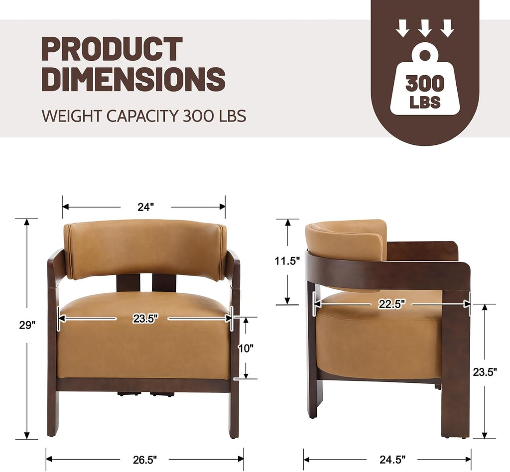 Modern Accent Chair, Upholstered Barrel Side Chairs PU Leather Guest Chair with Wooden Frame Bedroom, 1PC, Brown
