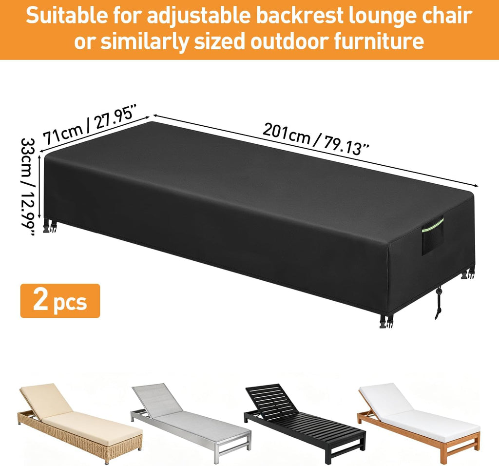 600D Lounge Chair Cover 2 Pack, Chaise Lounge Chair Cover, 80x28x13 | Waterproof,PU Coating, Reflective Handle, Air