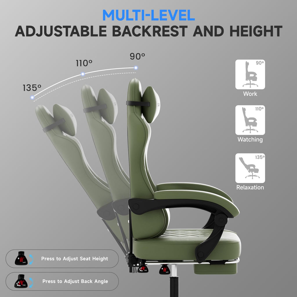 Gaming Chair with Footrest, Ergonomic Leather Computer Chair with Lumbar Support, Height Adjustable High Back Swivel