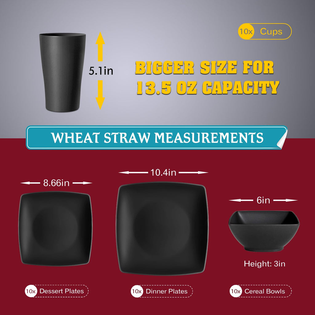 40-piece Plates and Bowls Sets for 10, Black Square Dinnerware Sets