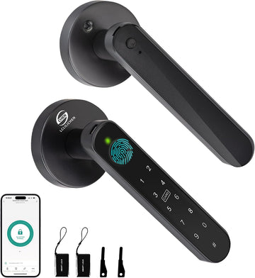 Fingerprint Door Lock, 5-in-1 Smart Door Knob with Handle, Biometric Keyless Entry with Keypad and App Home Office