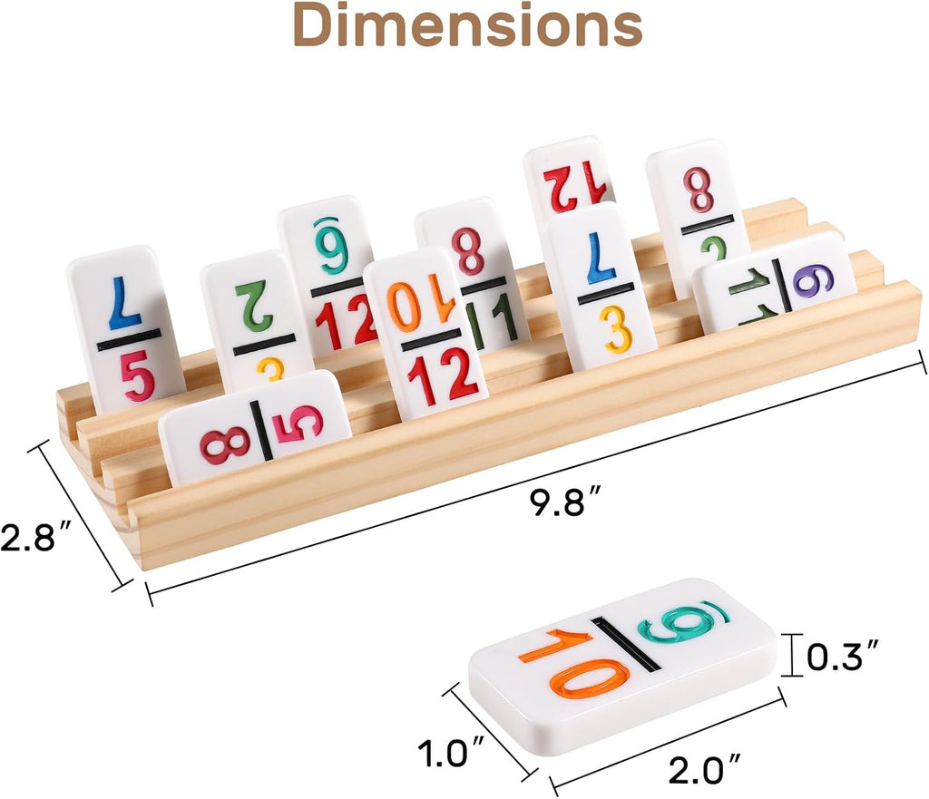 Mexican Train Dominoes Set with Numbers and 4 Wooden Trays/Racks, Double 12 Dominos Travel Set with 4 Tiles Holders