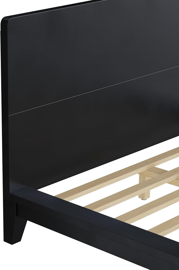 Mid-Century Full Size Wooden Bed Frames, Pine Wood Japanese Low Platform Bed with Brown Headboard, 7 inch Low Under